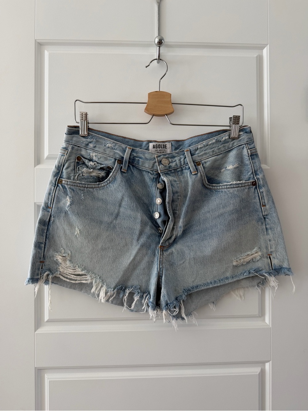 Agolde Light Wash Distressed Denim Cutoff Shorts